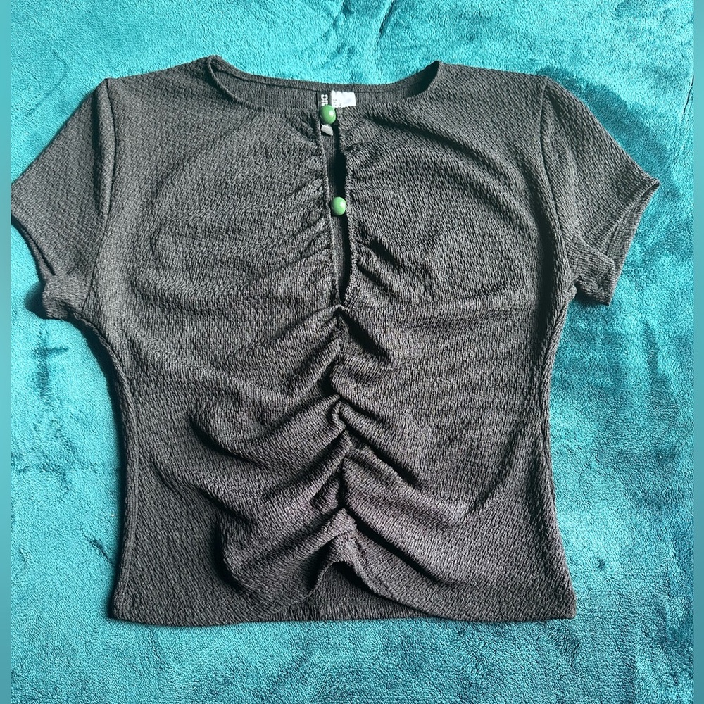 Divided Black Ruched Short Sleeve Top